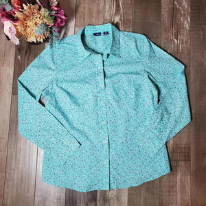 Basic Editions Floral Long Sleeve Button Down Shirt Cyan Blue Size Medium NWOT